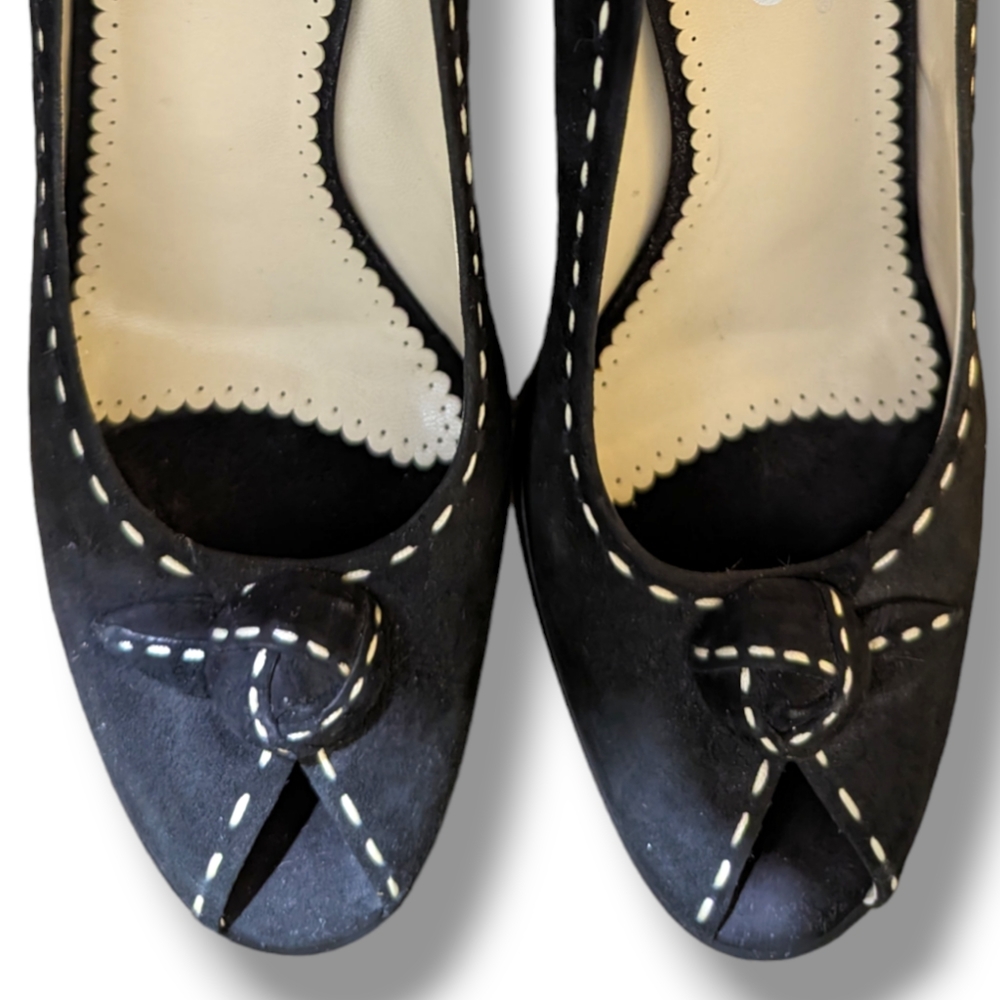 Franco Sarto Retro Black Suede Leather Beige Stitch Peep Toe Heel Pumps- 9.5 - Picture 2 of 4